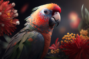 Portrait of a cute little red parrot in flowers in the jungle. Side view exotic tropical bird. Generative AI
