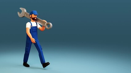 3d worker carries large spanner on his shoulder. Cartoon handyman with spanner. 3d looped animation
