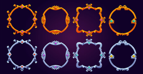 Set of fantasy round game frames isolated on background. Vector cartoon illustration of fancy medieval borders made of silver and gold, decorated with ornament and gems. Ui symbol of royal rank, level