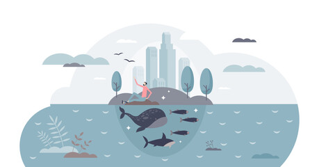 Clean environment and sustainable climate conservation tiny person concept, transparent background. Earth protection or nature preservation with marine life respect in urban city illustration.