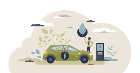 Green electric car with sustainable power consumption tiny person concept, transparent background. Alternative energy for automobile charging as environmental friendly solution illustration.