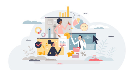 Hybrid work and employee cooperation with distant job tiny person concept, transparent background. Flexibility and efficiency from productive online business call illustration. Working from home.