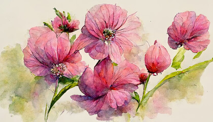 Colorful pink flowers, watercolor illustration. Generative Ai