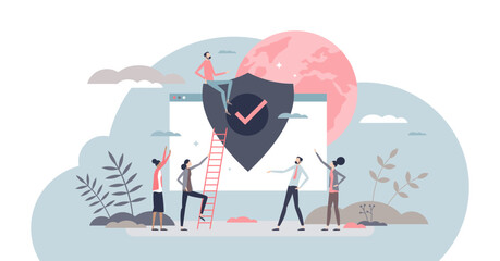 Internet security and privacy data antivirus protection tiny person concept, transparent background. Safe network, secured web page and safety shield as protected database symbol illustration.