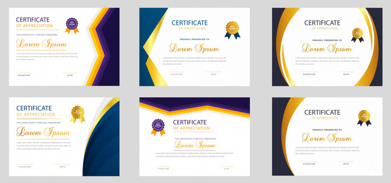 set of 6 Mega collection diploma Certificate template for achievement graduation completion with luxury badge. training graduation or course completion certificate set. certificate bundle, certificate