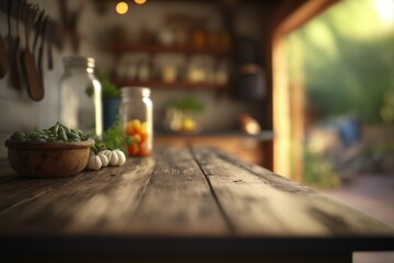 Naklejka na ściany i meble Rustic wooden table, minimalist, empty, fresh ingredients, domestic kitchen, blurred background - a serene space for preparing healthy meals. GENERATIVE AI
