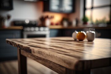 Rustic wooden table, minimalist, empty, fresh ingredients, domestic kitchen, blurred background - a serene space for preparing healthy meals. GENERATIVE AI