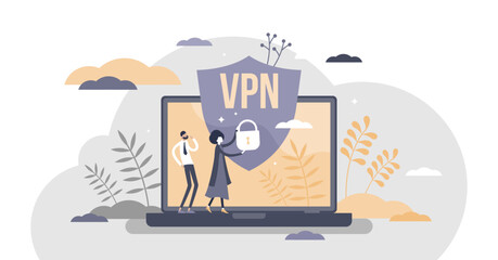 VPN virtual private network information secured in cloud tiny person concept, transparent background. Confidentiality system for data security protected with encryption or authentication illustration.
