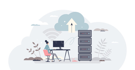 Web hosting and file storage in server as information database upload tiny person concept, transparent background. Computer data transfer to cloud center using online service illustration.