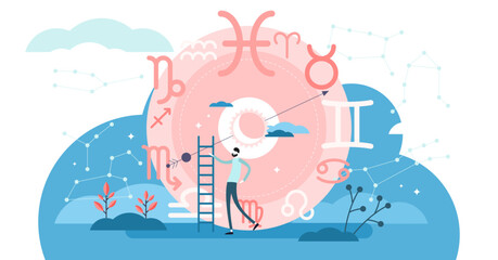 Zodiac illustration, transparent background. Flat tiny astrology star symbols persons concept. Abstract traditional horoscope signs. Astronomical space planet position year collection.