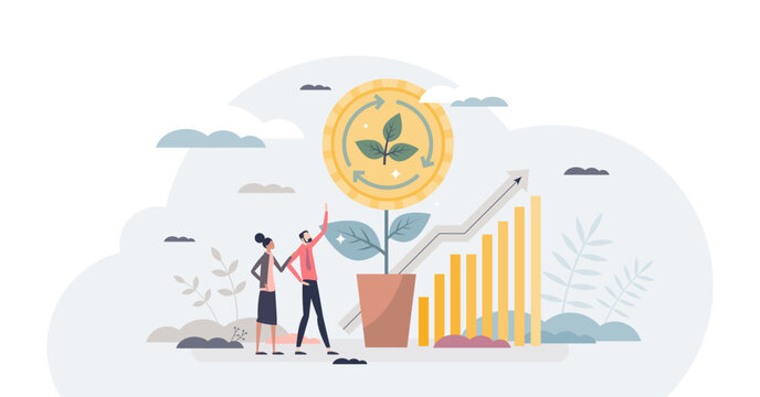 Sustainable investment and nature friendly economy tiny person concept, transparent background. Successful business growth from environmental stock rise illustration. Green eco climate strategy.