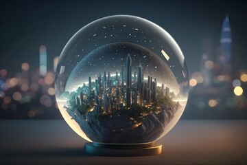 city in glass sphere created using AI Generative Technology
