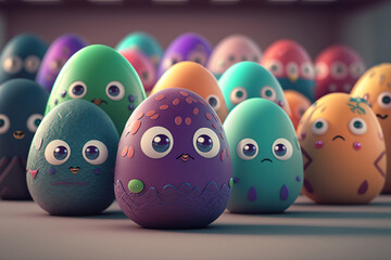 Happy Easter with many colorful cute easter eggs. Generative AI.