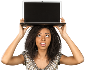 Young Woman Holding a Laptop Above Her Head - Isolated