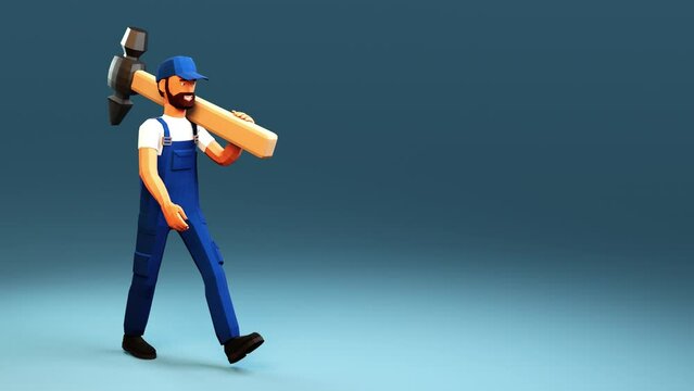 3d worker carries a large hammer on his shoulder. Cartoon handyman in uniform. 3d looped animation