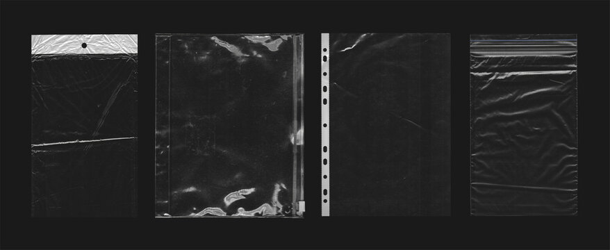 Photo of various polyethylene packages on a black background. Polythene wraps for an overlay effect. This is a photograph of rumpled packages of various shapes and sizes.