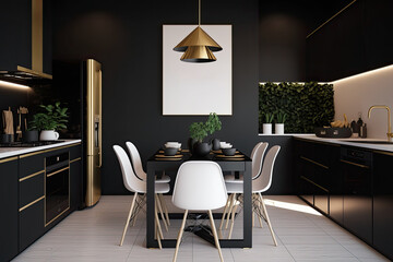 There is plenty of tabletop space available in this high end, ultra contemporary kitchen's black and golden tones and wood furnishings. Generative AI