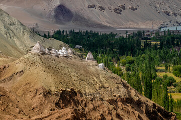 Buddhist Stupa, mound-like or hemispherical structure containing relics , used as a place of meditation. Green trees and Himalayan mountains in the background. Leh, Uninion territory of Ladkah, India.