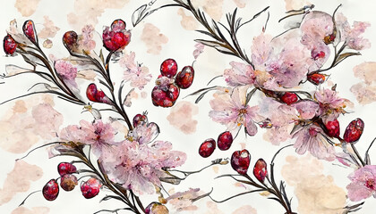 Beautiful watercolor botanical apple and pink floral seamless pattern. Generative Ai