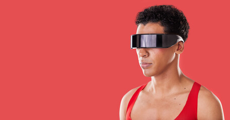 Metaverse, vr glasses and black man with mockup for ai futuristic scifi and 3d gaming technology....