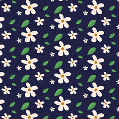 A pattern of white spring flowers with leaves on a dark blue background. Suitable for fabrics, paper, packaging, and wallpaper. Vector illustration of a pattern in a flat style.