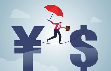 Foreign exchange and currency investment risks, financial policies, currency exchange, businessmen with umbrellas walking a tightrope from the Chinese currency symbol to the dollar sign