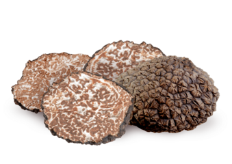 Black summer truffle or Cut fresh black truffle isolated. PNG transparency