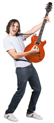 Male Guitarist playing music on white background