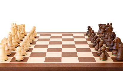 Wooden chess board and chess pieces, side view