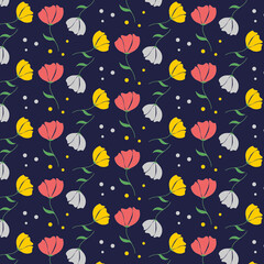 Pattern yellow, red, and white poppy on a dark blue background. Suitable for fabrics, paper, packaging, and wallpaper. Vector illustration of a pattern in a flat style.