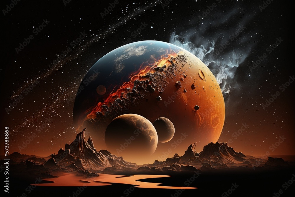 Poster illustration of mars with the moon. generative ai