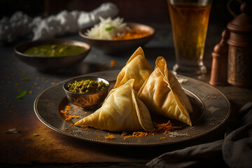 delicious samosas on a plate in India 5 star Michelin Generative AI