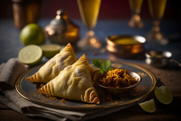 delicious samosas on a plate in India 5 star Michelin Generative AI