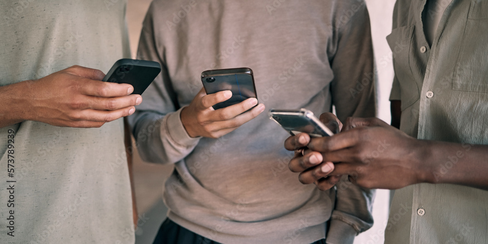 Leinwandbilder man, hands and phone of people networking on social media, mobile app or chatting together. hand of 