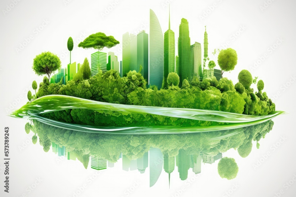 Canvas Prints Green eco city as a backdrop for an ecological message. Sustainable urban environment, renewable energy, and conservation of environmental resources. Generative AI