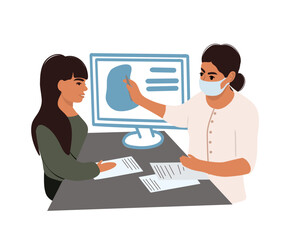 Woman on consultation with doctor before operation, doodle vector illustration