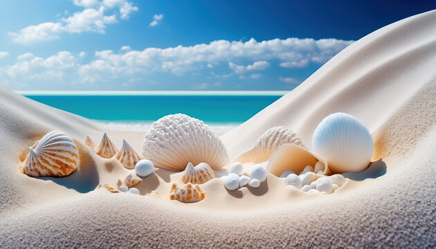 Shells on sandy beach. Tropical beach with sea shells on sand. Summer holiday concept. Post-processed generative AI	
