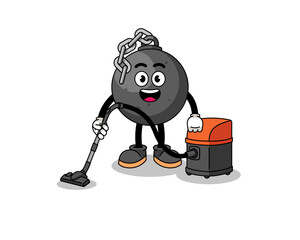 Character mascot of wrecking ball holding vacuum cleaner