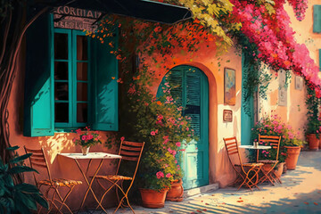 morning cafe on the french riviera with flowers Generative AI