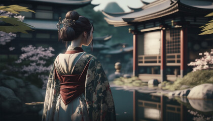Obraz premium Asian Girl in Traditional House Style Create With Generative AI Technology