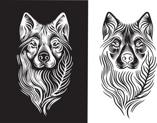 Vector image of beautiful dogs in ornaments. Monochrome dogs for logos or postcards. Drawing for use in design