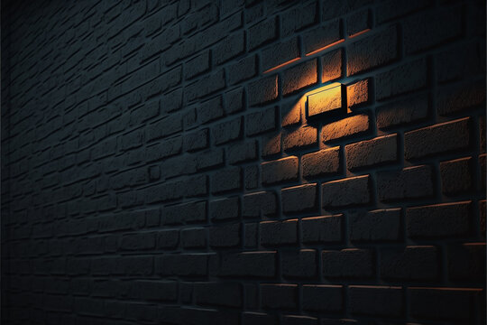  black brick wall gradient background for interior decoration. Black brick wall with red neon light with copy space. Lighting effect red color glow on brick wall background. black brick wall. 