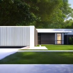 A one-story modern house with a white facade and a small garage 1_SwinIRGenerative AI