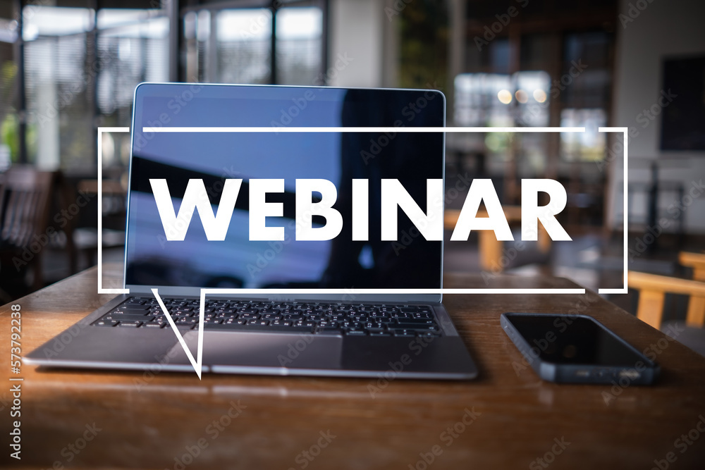 Poster webinar, hands-on table use e-business connection on computer, man working from home participating i