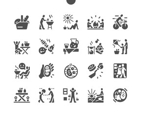 Spring picnic. Outdoor recreation. Family activities. Bonfire, bicycle, lemonade, drink, guitar, kite. Vector Solid Icons. Simple Pictogram