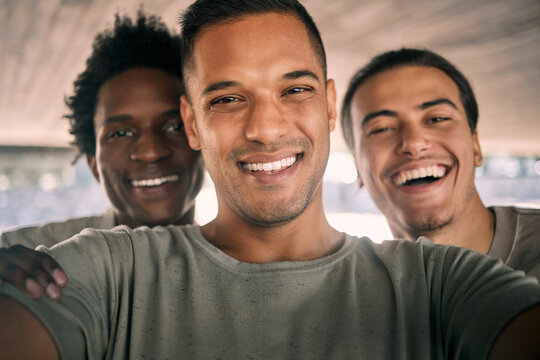 Man, friends and portrait smile for selfie, vlog or profile picture together for social media post. Happy men smiling for photo memories, picture moment or partnership in happiness for friendship