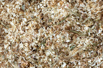 Dried meadowsweet herb background, top view, Filipendula ulmaria, macro texture.