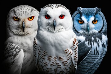 Snowy owls, a species of owl, are all white except for their black eyes. This stock photo shows three of them. Generative AI