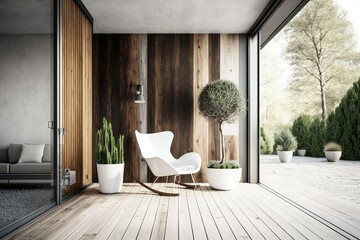 Wooden patio in a minimalist design, overlooking the outdoors; the floor is made of dark wood, and there is a white leather armchair. Generative AI