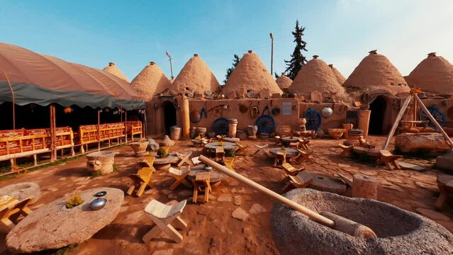 Traditional Harran Houses in Urfa, Turkey. low aerial view. 4K